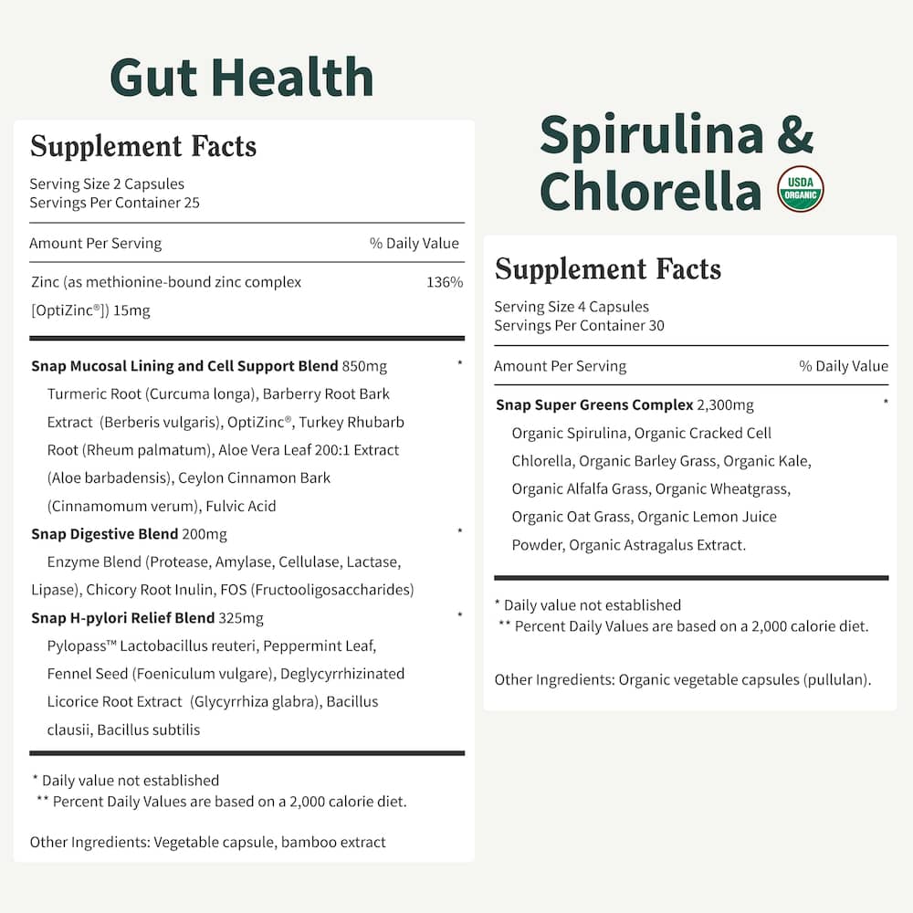 Snap Supplements Gut Health LipaseSupplement & Organic Spirulina ChlorellaBundle-Probiotic + Greens-SupportsDigestion, Detox, Energy & Immune Health, 50+ 120 Vegetarian Capsules (1 Month Supply)