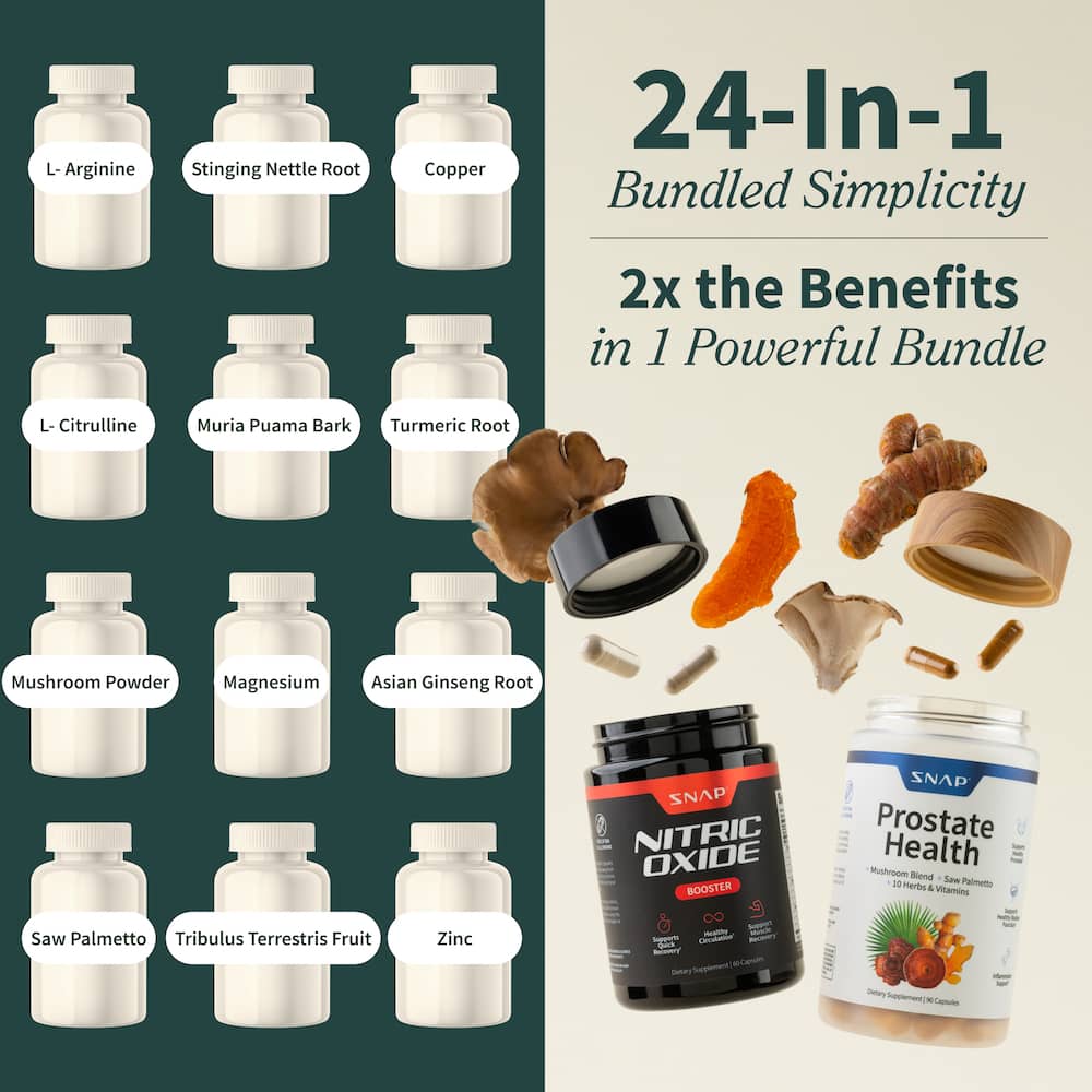 Snap Supplements Prostate HealthSupplements for Men + Nitric Oxide BoosterBundle - DHT Blocker, Saw Palmetto, StingingNettle, L-Arginine & L-Citrulline, 90 CapsulesEach