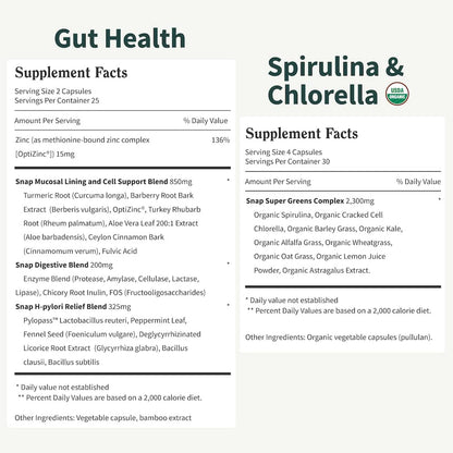 Snap Supplements Gut Health LipaseSupplement & Organic Spirulina ChlorellaBundle-Probiotic + Greens-SupportsDigestion, Detox, Energy & Immune Health, 50+ 120 Vegetarian Capsules (1 Month Supply)