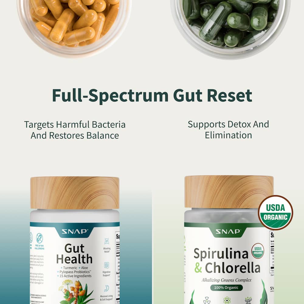 Snap Supplements Gut Health LipaseSupplement & Organic Spirulina ChlorellaBundle-Probiotic + Greens-SupportsDigestion, Detox, Energy & Immune Health, 50+ 120 Vegetarian Capsules (1 Month Supply)