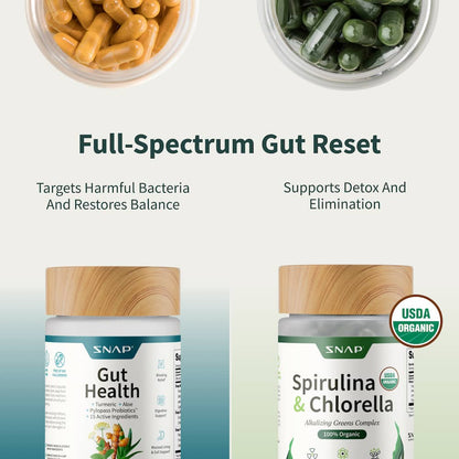 Snap Supplements Gut Health LipaseSupplement & Organic Spirulina ChlorellaBundle-Probiotic + Greens-SupportsDigestion, Detox, Energy & Immune Health, 50+ 120 Vegetarian Capsules (1 Month Supply)